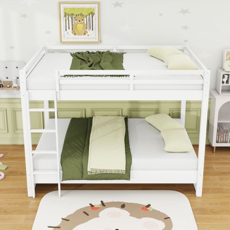 Queen Over Queen Wooden Bunk Bed With Ladder And Guardrails, White