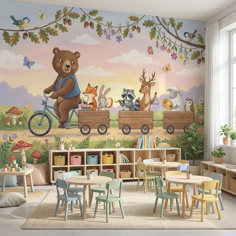Papier peint animaux fantaisistes, bicyclette, forêt, 120"x96", Peler et coller