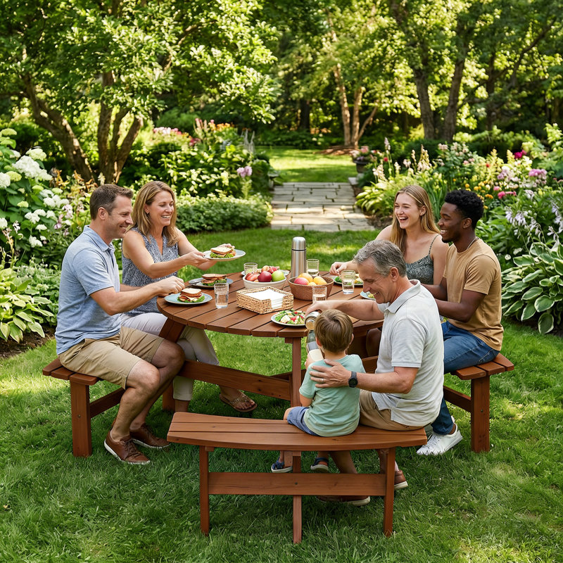 6-Person Round Picnic Table Set With 3 Built-In Benches & Umbrella Hole,Brown, Brown