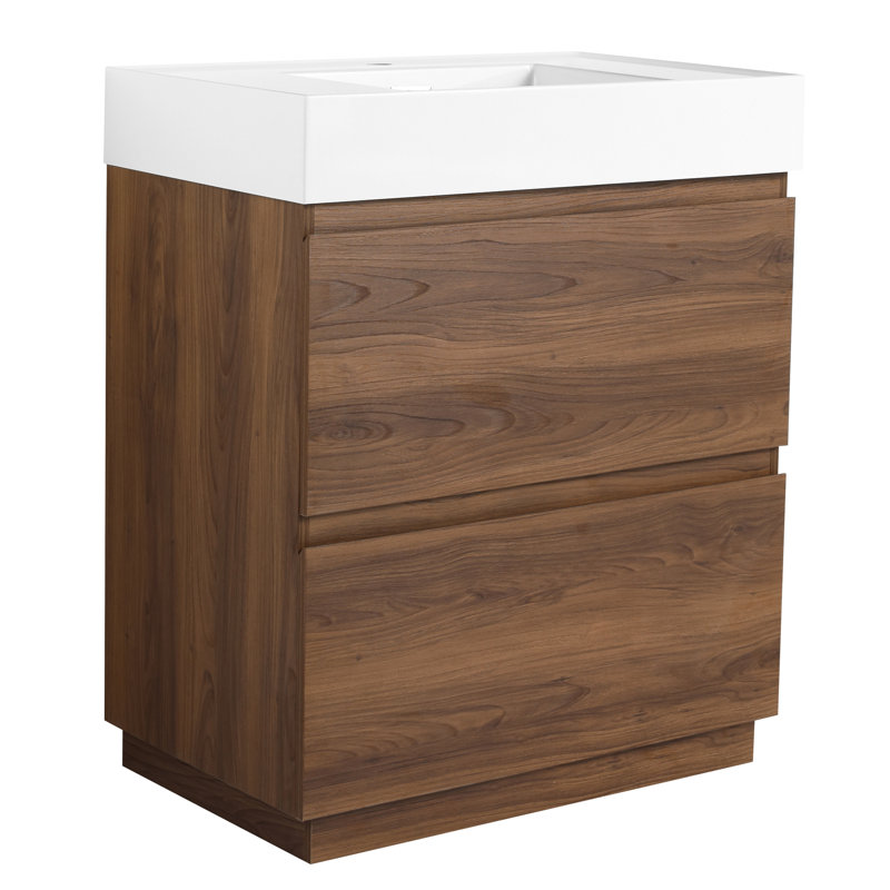 Meuble-lavabo de 30 po avec lavabo simple. Armoire encastrée moderne, double tiroir. Autoportante, bois d'ingénierie, brun. Commode autoportante scintillante à 2 tiroirs. Décoration enchanteresse
