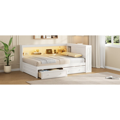 Full Size Wood Daybed With Storage Shelves, USB, LED, And 2 Drawers, White