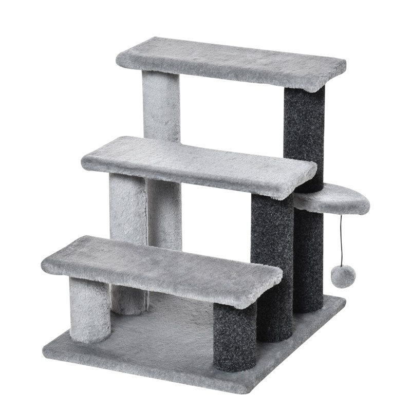 Cat Stairs 3 Steps For Bed, Couch With Scratching Posts, Small Cat Tree For Indoor Cats With Toy Ball, 17.5" X 15.5" X 19"