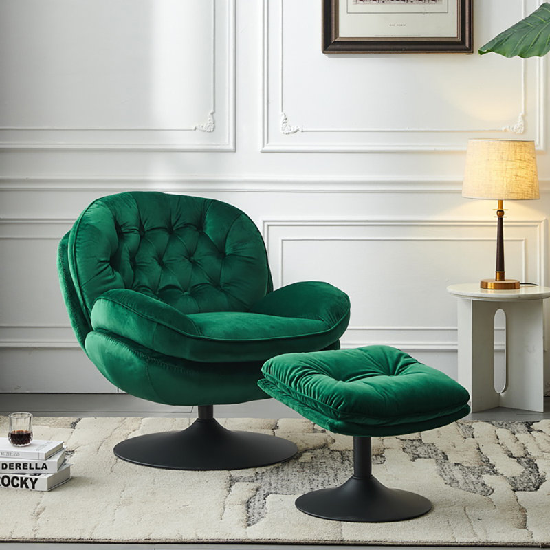 Zenon Velvet Swivel Accent Chair with Ottoman, Green Velvet