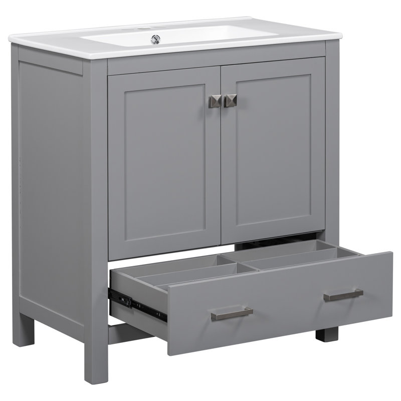 Meuble-lavabo double 60 po gris, lavabos en céramique et tablette réfléchie - style contemporain, choix de rangement pratique