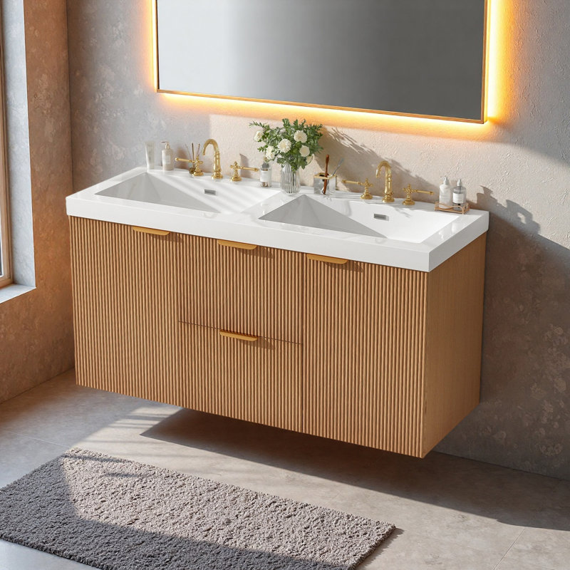 Meuble-lavabo double flottant mural 47,24 po avec plateau en résine SMC