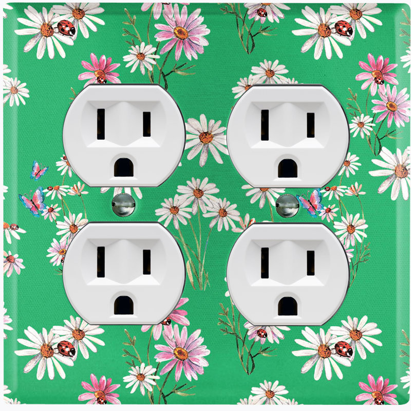 Metal Light Switch Plate Outlet Cover (White Dandelions Lady Bug Butterfly Green - Single Toggle)