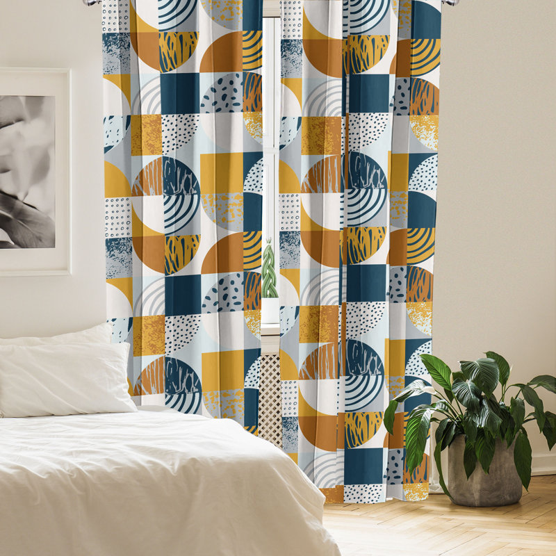 Geometric Blue and Yellow Microfiber Room-Darkening Curtain Panels