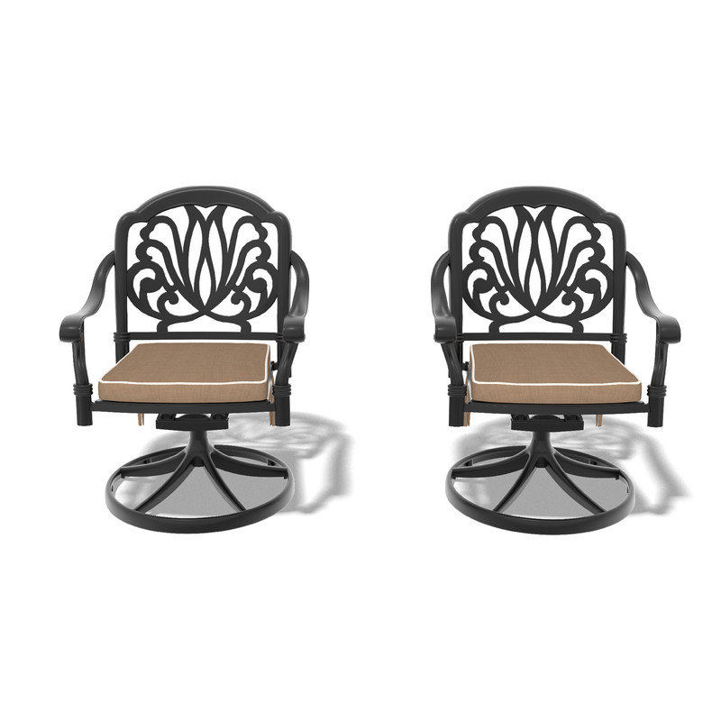 Ensemble de 2 chaises de patio pivotantes en fonte d'aluminium noire avec coussins bruns