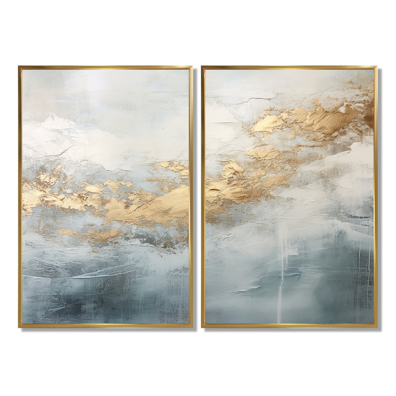 Beige bleu or océan tempête V - impressions sur toile dorées, H 36 po x l 48 po, Impression encadrée flottante, Doré