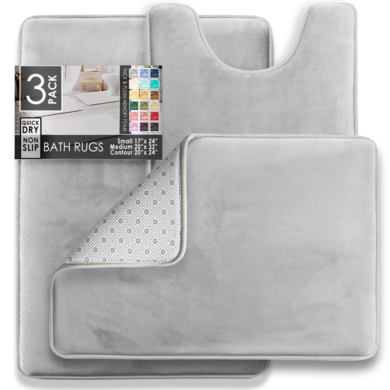 Aighan 3 Piece Ultra Soft and Absorbent Memory Foam Bath Rug Set with Non-Slip Backing, Silver