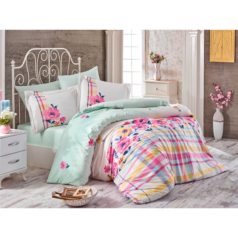 Ensemble de housse de couette 100% coton 3 pièces blanc / rose / jaune Steen
