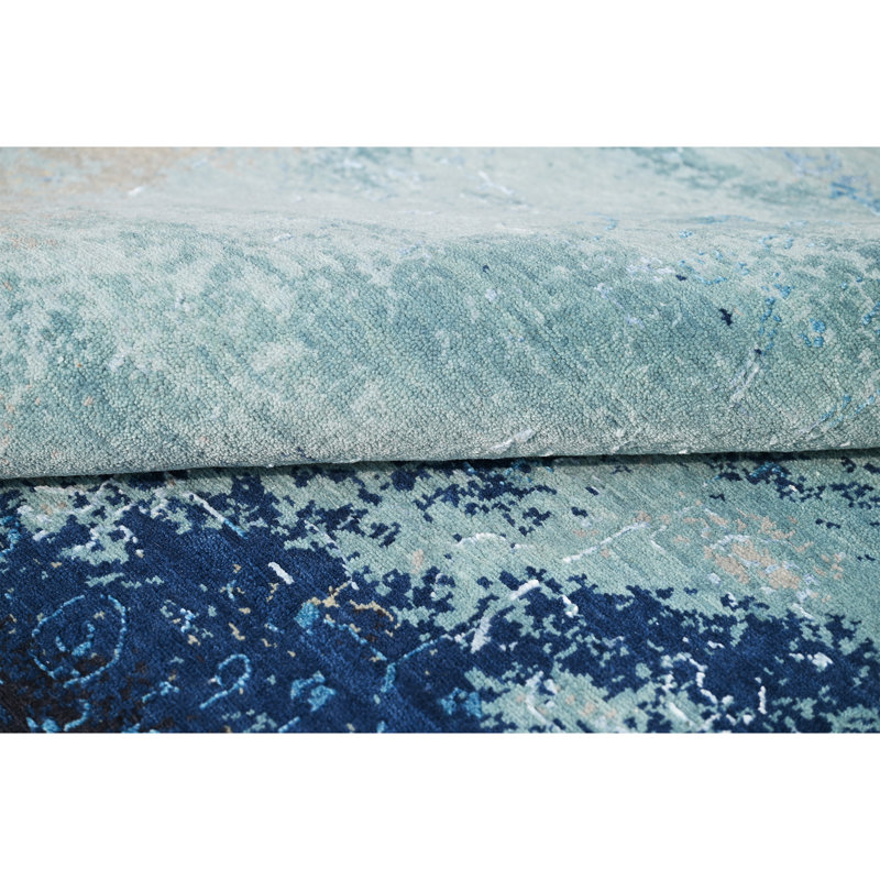 Tapis gris / bleu / jaune noué à la main de haute qualité, Rectangle 9 pi x 12 pi