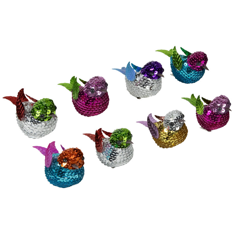 Sequined Birds Clip-On Christmas Ornaments - 2.75" - Set Of 8