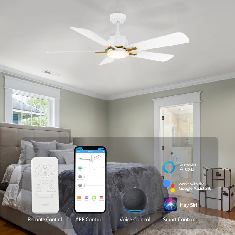 Ventilateur de plafond intelligent de 52 pouces à 5 pales avec moteur et télécommande., Blanc, Blanc