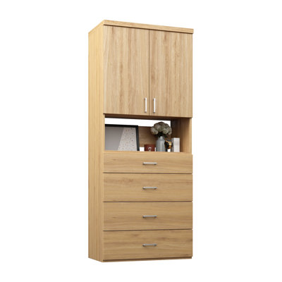 Natural Oak 25.5" Wall-Mounted Closet Section with Slab Doors, 3 Shelves & 4 Slab Drawers