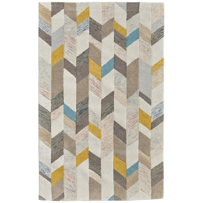 Tapis bleu / gris / or touffeté à la main à motif de chevron Binada, Rectangle 8 pi x 11 pi