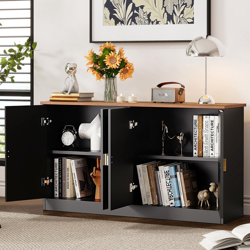 Carville 59" Buffet Sideboard with Adjustable Shelves, Mid-Century Coffee Bar Table For Living Room, Dinning Room, Black