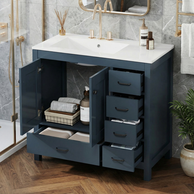 36 inch Bathroom Vanity with Sink, Featuring 2 Soft-Close Doors and 5 Drawers - EPA/UPC Certified, Blue