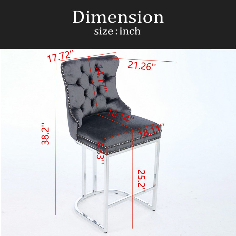 Ensemble de 2 tabourets de bar de 25 po à hauteur de comptoir, tabourets de bar modernes en velours avec dossier à boutons et garniture de rivets avec tabourets de bar robustes