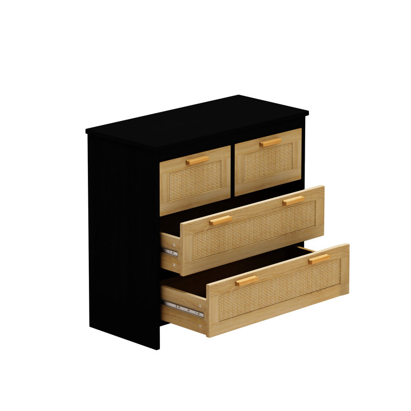 Commode 4 tiroirs en rotin, Noir