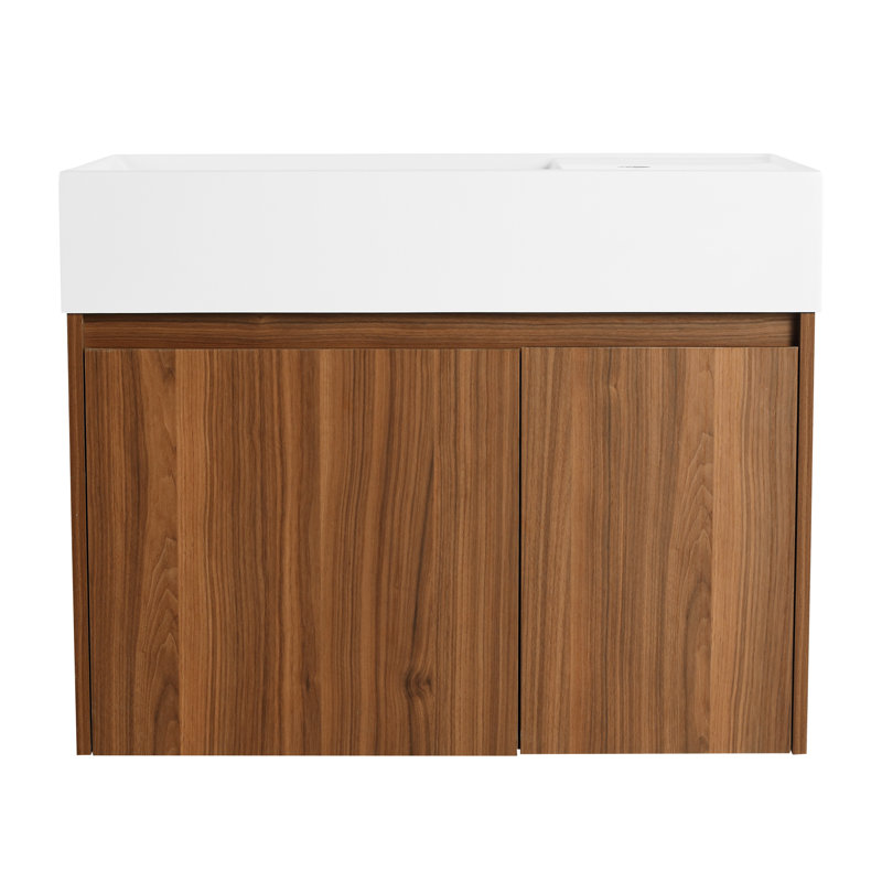 Armoire et lavabo de salle de bain 30 pouces - Conception moderne, fonction de fermeture en douceur, fabrication en contreplaqué, couleur noyer, fixation flottante, pour petites portes de salle de bain, matériau, lavabo en résine, couleur, fixation, petits espaces de bain