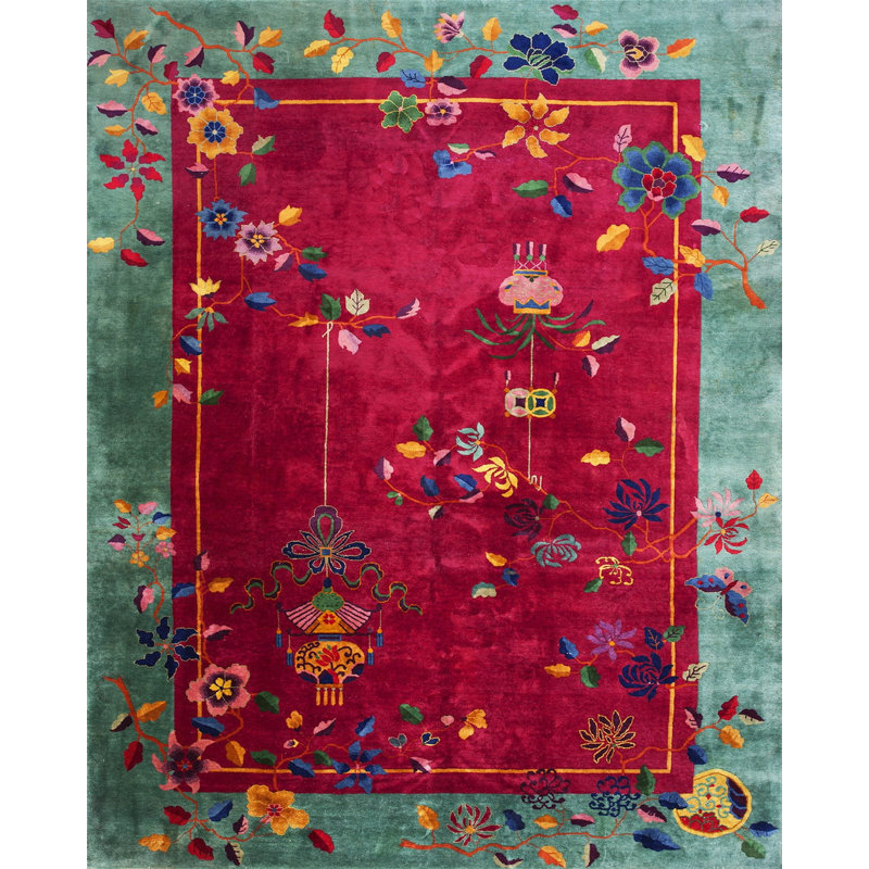Tapis art déco chinois canneberge fuchsia champ et sarcelle