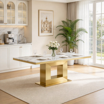 63"-94.5" Faux Marble Dining Room Table for 6 8 10, Modern White Extendable Kitchen Table with Mirrored Pedestal, Long Large Expandable Dining Room Conference Tables for Home Office