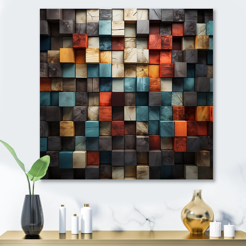 «Blue and Red Abstract Cubes III - Abstract Cubism», reproduction d'art murale en métal, H 16 po x l 16 po