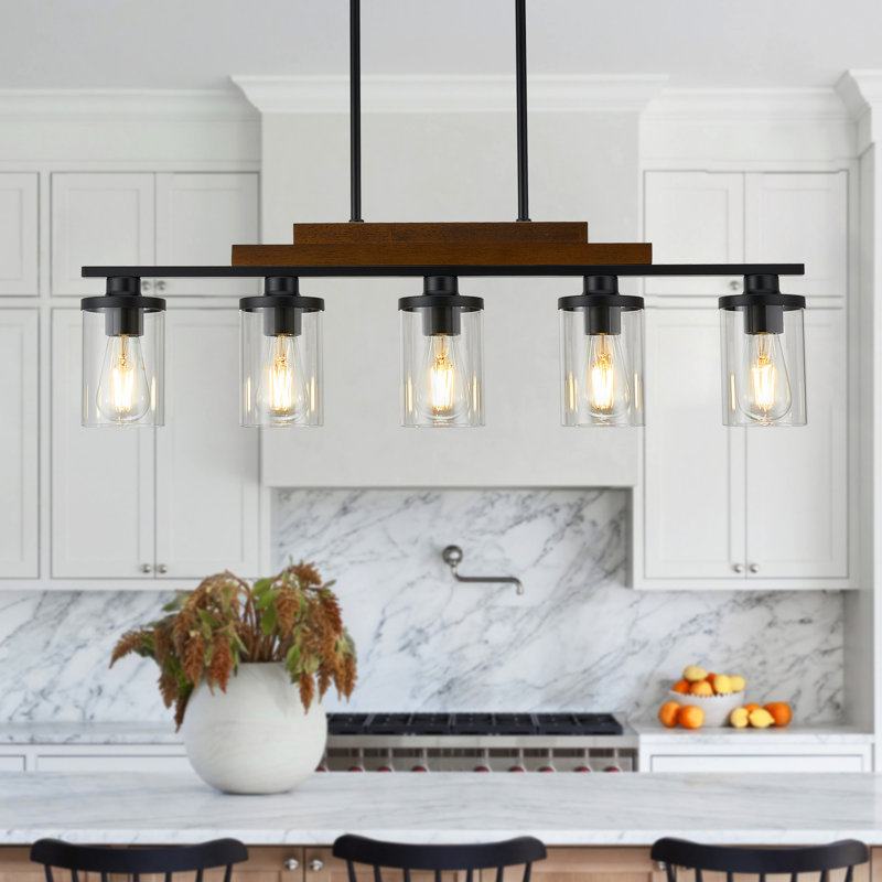 5-Light Wood Kitchen Island Light Fixture, Modern Farmhouse Chandeliers with 2 Layers of Wood