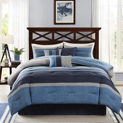 Édredon 7 pièces - microsuède bleu marine, rembourrage, coussins décoratifs, 1 édredon, taie décorative