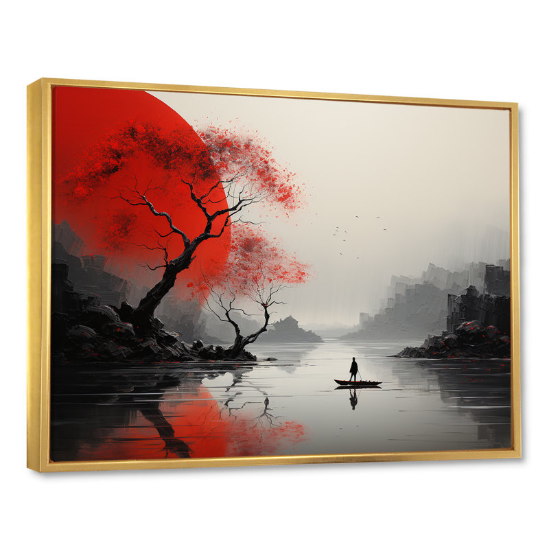 Art japonais sur toile japonais, "Silence Valley", Cadre flottant doré, H 12 po x l 20 po x P 1 po
