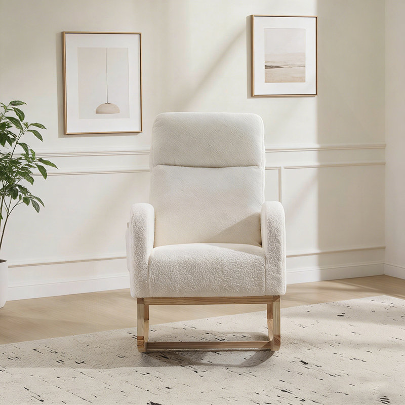 Chaise berçante d'appoint moderne avec pieds en bois massif, fauteuil de chambre de bébé rembourré, fauteuil confortable avec poche latérale, dossier haut pour le salon