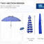 Parasol portatif, hauteur et inclinaison réglables, bouclier 40+, 2 crochets pour porte-gobelets, toit à rayures bleues blanches avec fonction et hauteur, toit, hauteur ventilée réglable