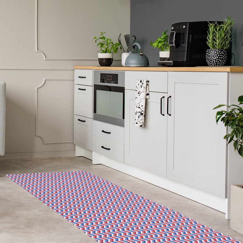 Tapis à chevrons bleu/rouge fait main, Tapis de couloir 2 pi x 8 pi