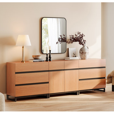 Aadam 3-In-1 Accent Cabinet For Bedroom, Modern Storage Organizer With Adjustable Shelf And 6 Drawers, Mid-Century Wooden Chest Of Drawers With Metal Base, For Living Room, Nursery, Hallway, Oak
