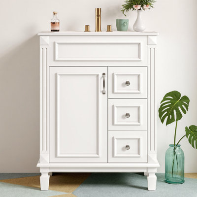 Meuble-lavabo de 24 po avec lavabo en céramique - petite armoire avec 2 tiroirs et tablette réglable - style français simpliste, poignées à boutons rétro, portes à fermeture en douceur - autoportant pour salle d'eau, salle de bain d'invité