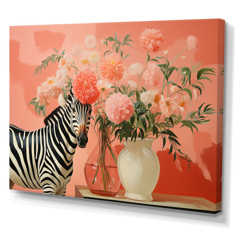 Rose et vert floral, art mural zèbre I, H 12 po x l 20 po x P 1 po, Toile tendue