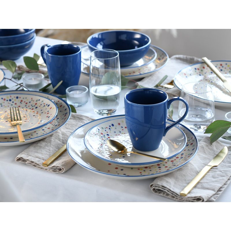 Joy Piece Stoneware Dinnerware Set - Service for 4, Blue / White / Grey