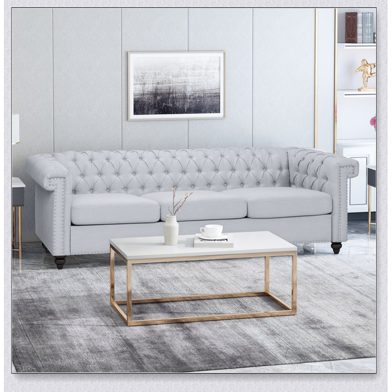 Canapé Chesterfield Sione, Tissu gris pâle
