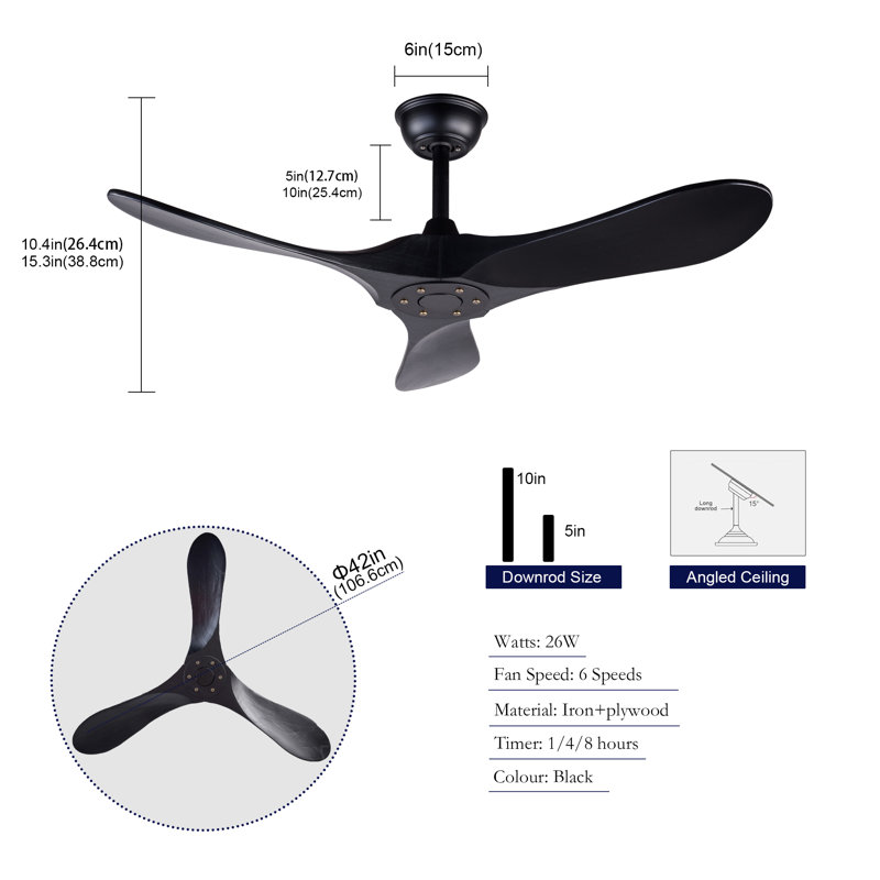 Ventilateur de plafond à 3 pales en bois massif avec télécommande, 42 po, Pointe renversée - sans lumière, Noir