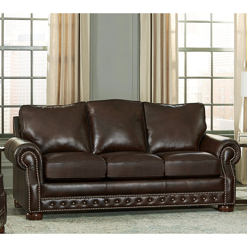 Abilio 86'' Upholstered Sofa, Chocolate Brown Genuine Leather