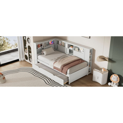 Lit de jour en bois avec tablettes de rangement, USB et lit gigogne