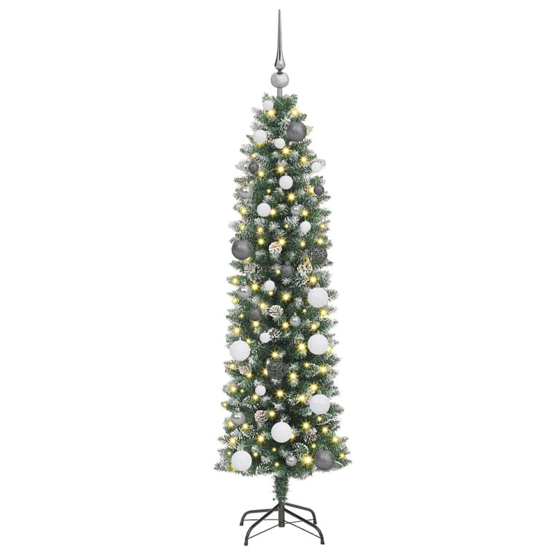 vidaXL Artificial Slim Christmas Tree with 150 LEDs Green, White, 4.92 ft