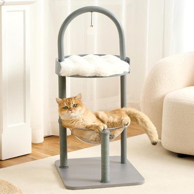 Tour pour arbre à chat moderne pour chats d'intérieur jusqu'à 12 lb, tour de chat en métal de style meuble de 34 po avec poteaux à griffer, lit pour chat en bois avec coussin moelleux lavable, capsule en acrylique, noir classique
