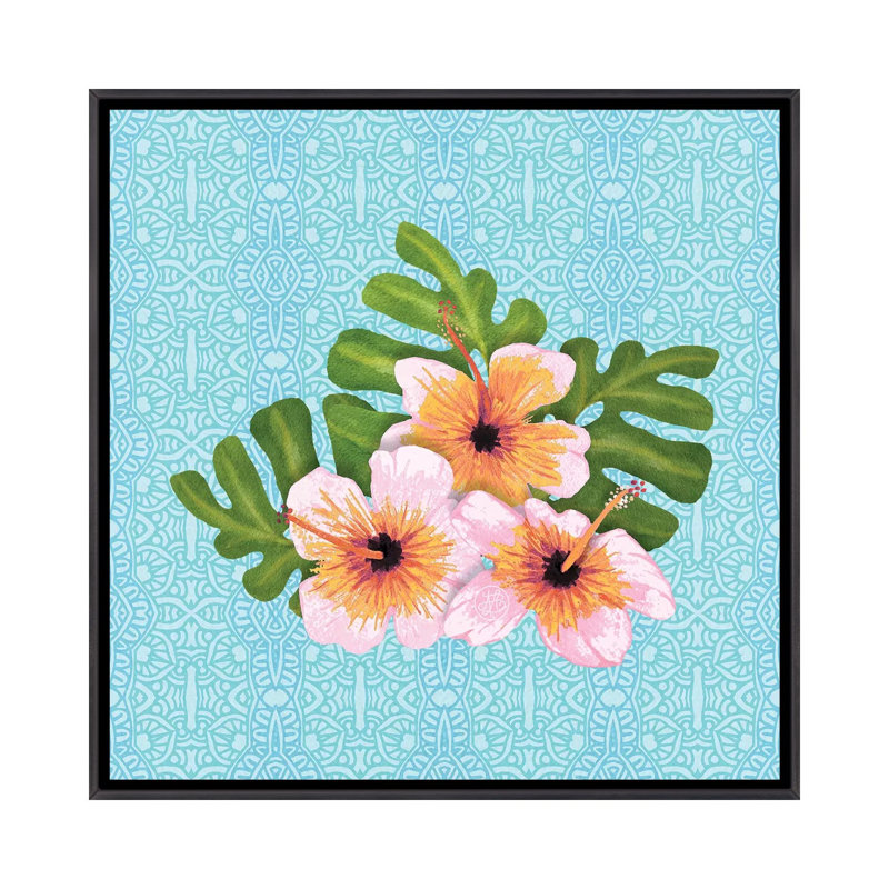 Hibiscus - par Angelika Parker, impression, H 18 po x l 18 po x 1,5 po, Toile avec cadre noir patiné, Aucun mat