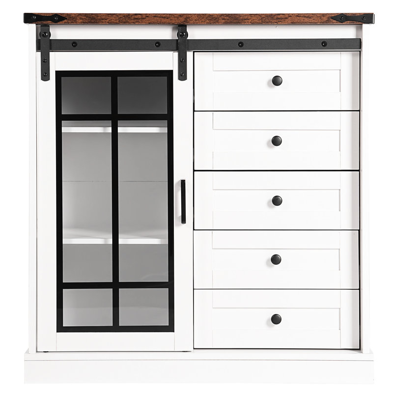 Armoire de rangement pour la maison, 7 couleurs DEL, 5 tiroirs et 2 tablettes réglables, blanc et noyer foncé, chambre de rangement aspect rustique, tiroirs, DEL intégrée, noyer
