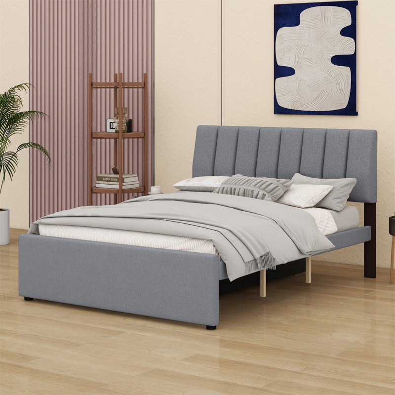Upholstered Platform Bed With Trundle, Gray