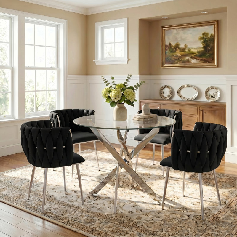 35" Round Glass Dining Table Set For 4, Modern Minimalist Tempered Glass Kitchen Table With 4 Velvet Chairs, For Dining Room, Kitchen