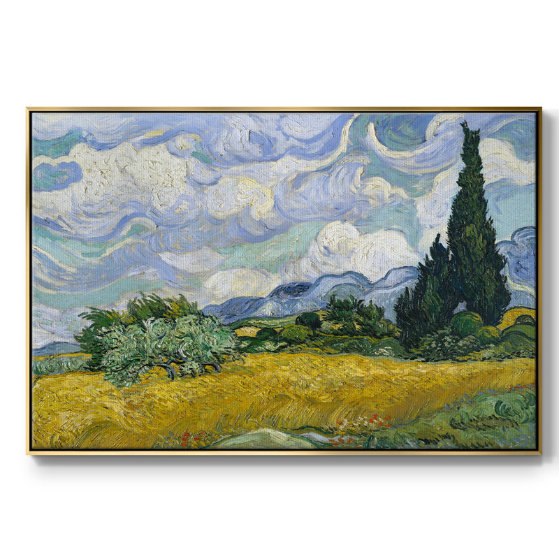 Champ de blé avec cyprès, H 27 po x l 41 po x P 2 po, Or