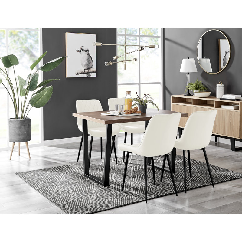 Edzard Industrial Style Wood Effect Dining Table Set with 4 Luxury Velvet Upholstered Dining Chairs, Cream/Black